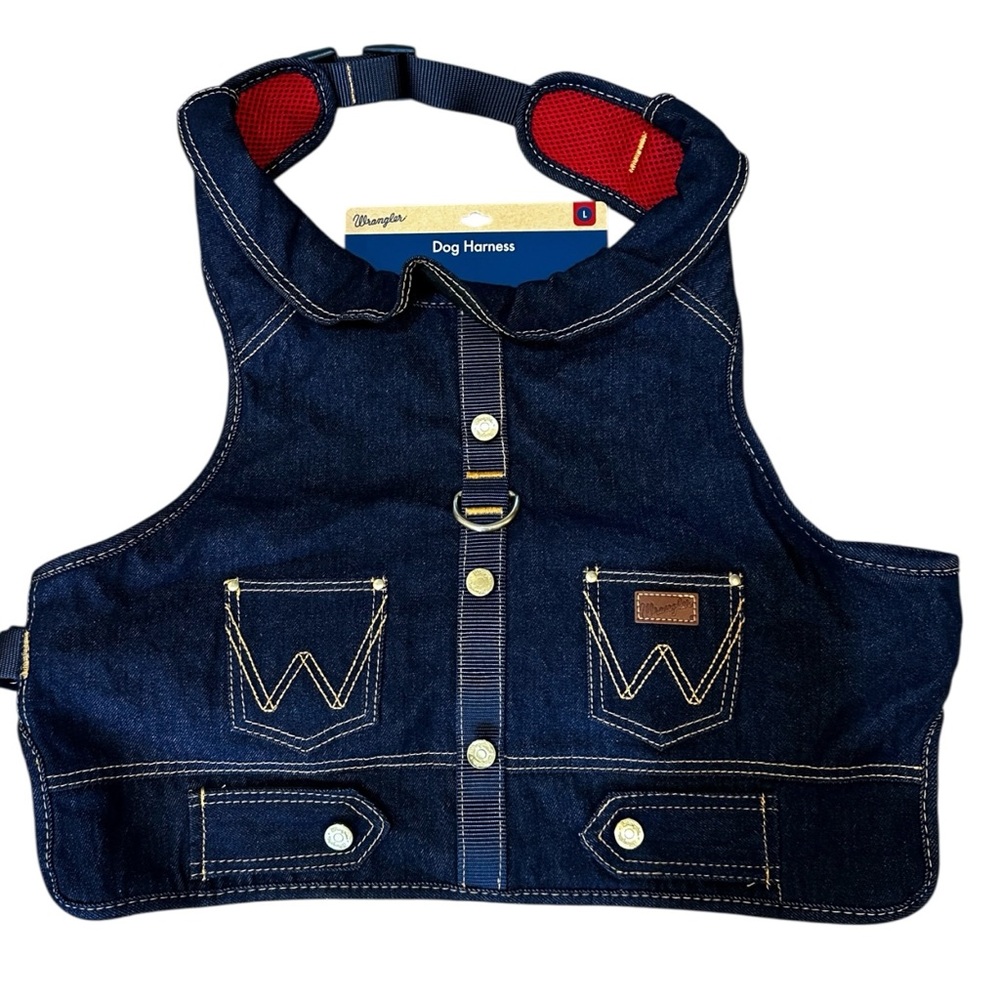 Wrangler Dog Harness Vest Dark Blue Denim, Red Mesh Lining, Trucker Style Large